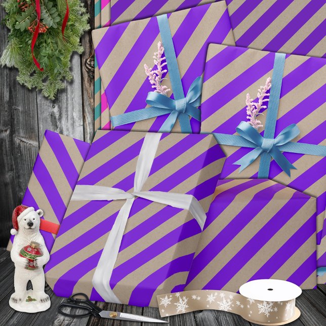 Rustic Kraft Royal Purple Wide Stripe Holiday Wrapping Paper (Rustic Kraft Royal Purple Wide Stripe Holiday Wrapping Paper In 6 & 15 foot long 30 inch rolls)