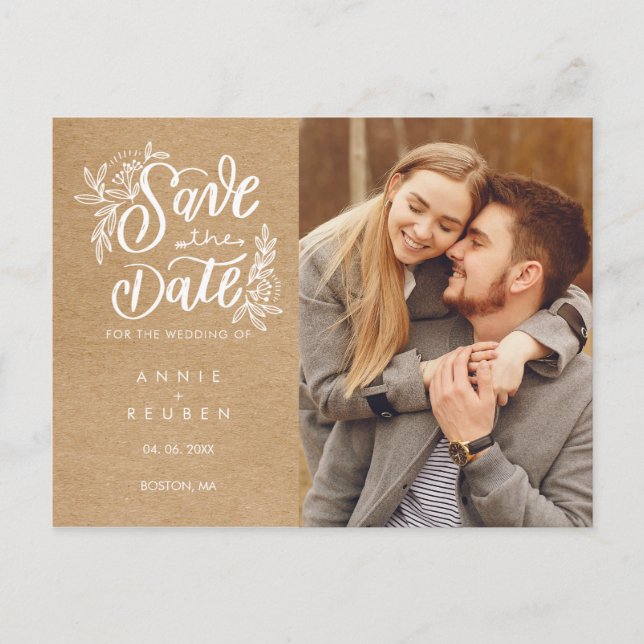 Rustic Kraft Save the Date Photo Hand Script  Postcard (Front)