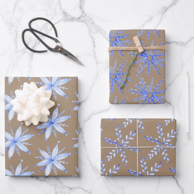Rustic Kraft Scandinavian Blue Snowflakes Wrapping Paper Sheet (Front)