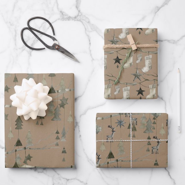Rustic Kraft Scandinavian Hanging String Ornaments Wrapping Paper Sheet (Front)