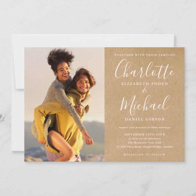 Rustic Kraft Signature Script Photos Wedding Invitation (Front)