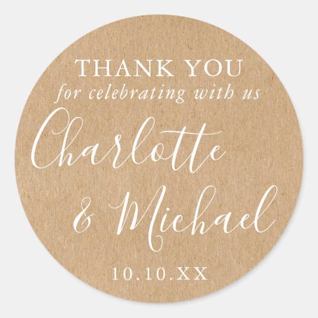 Rustic Kraft Signature Wedding Favour Thank You Classic Round Sticker (Front)