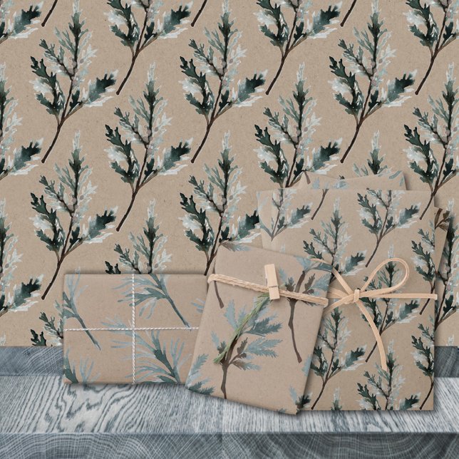 Rustic Kraft Silver Blue Spruce Tree Branches Wrapping Paper Sheet (Rustic Kraft Silver Blue Spruce Tree Branches Gift Wrapping Paper Sheets Trio)