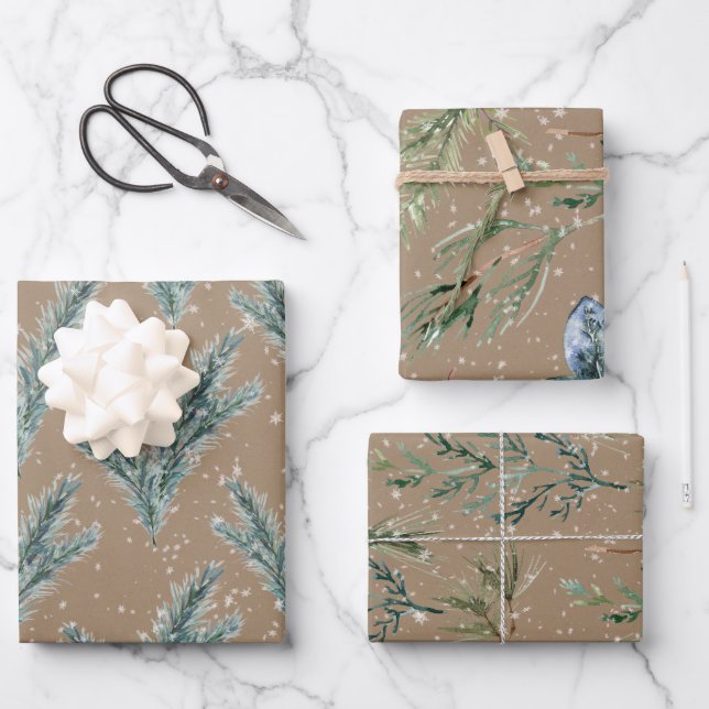 Rustic Kraft Silver Blue Spruce Winter Greenery Wrapping Paper Sheet (Front)