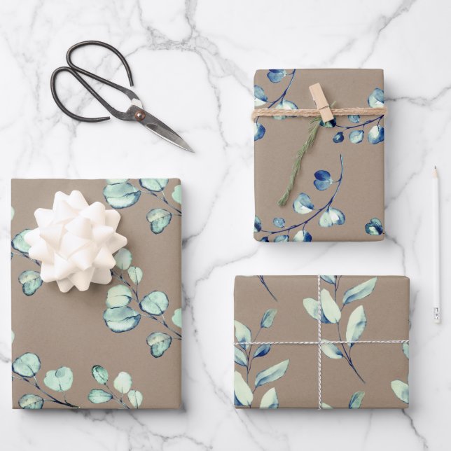 Rustic Kraft Silver Green Eucalyptus Sprigs Wrapping Paper Sheet (Front)