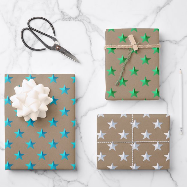 Rustic Kraft Silver Green Turquoise Blue Stars Wrapping Paper Sheet (Front)