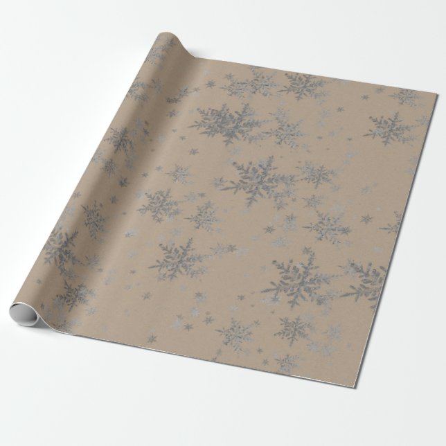 Rustic Kraft Silver Snowflakes Wrapping Paper (Unrolled)