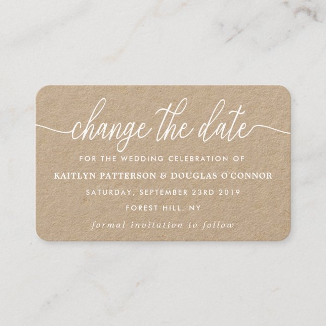 Rustic Kraft Simple Script Change The Date Business Card (Front)