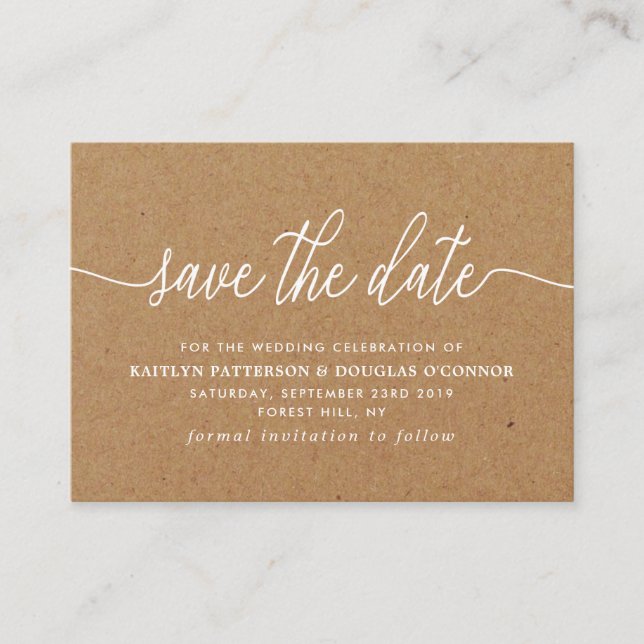 Rustic Kraft Simple Script Save The Date Enclosure Card (Front)