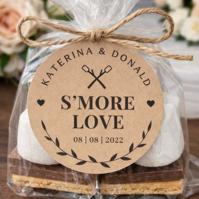 Rustic Kraft S'more Love Wedding Favour Seal (Rustic S’more Love Favor Tags for Wedding or Bridal Shower Treat Bags)