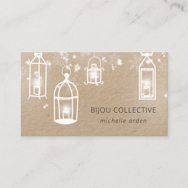 Rustic kraft snow white lanterns business card (Front)