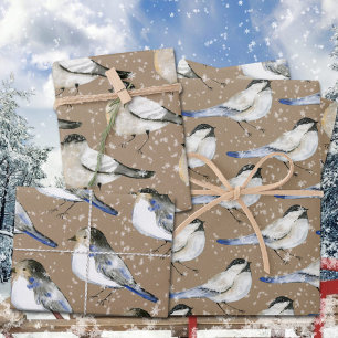 Rustic Kraft Snowy Black & Blue Chickadee Birds  Wrapping Paper Sheet