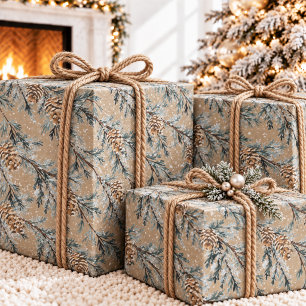 Rustic Kraft Snowy Blue Juniper Branch & Cones Wrapping Paper