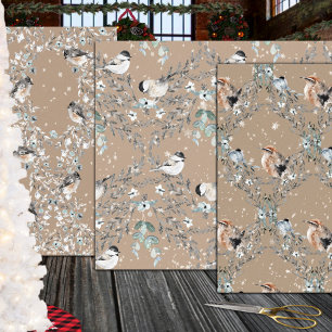 Rustic Kraft Snowy Dusty Blue Winter Birds Nesting Wrapping Paper Sheet