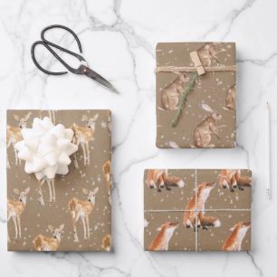 Rustic Kraft Snowy Winter Animals Wrapping Paper Sheet
