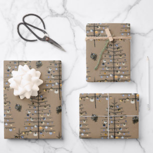 Rustic Kraft Sparse Black Christmas Tree Ornaments Wrapping Paper Sheet