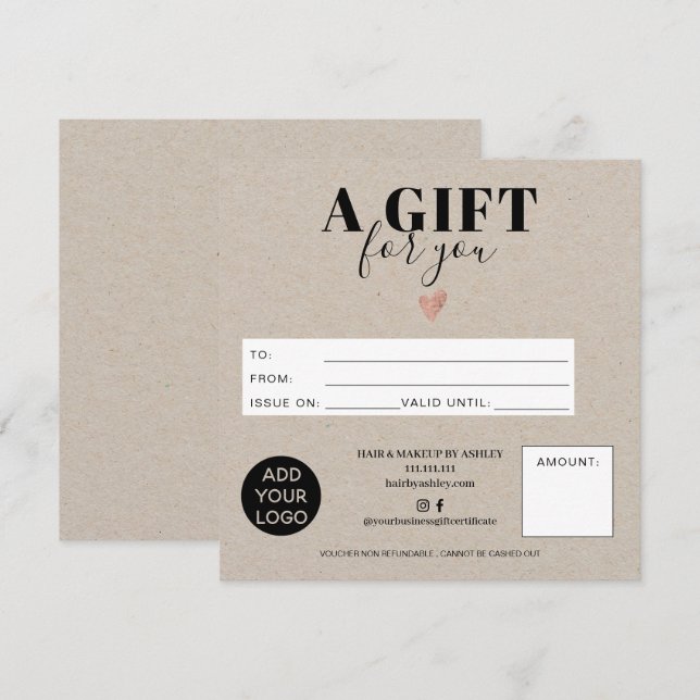 Rustic kraft square gift certificate logo (Front/Back)