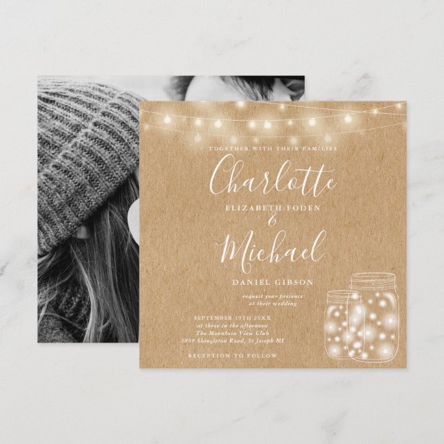 Rustic Kraft String Light Mason Jar Wedding Photo Invitation (Front/Back)