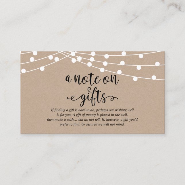 Rustic kraft string lights, A note on gifts Enclosure Card (Front)