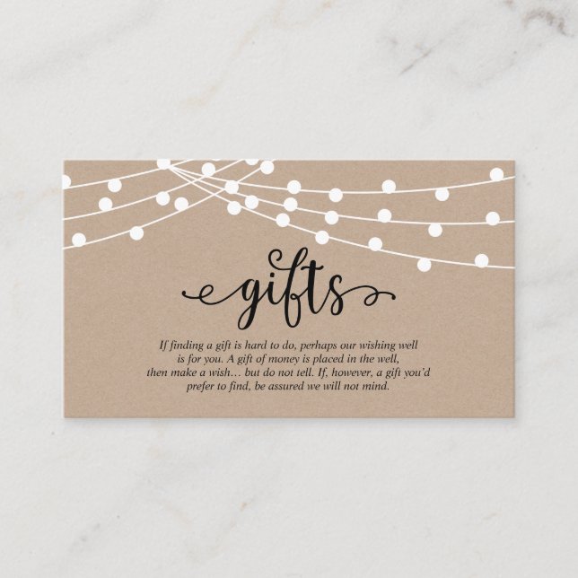 Rustic kraft string lights, A note on gifts Enclosure Card (Front)