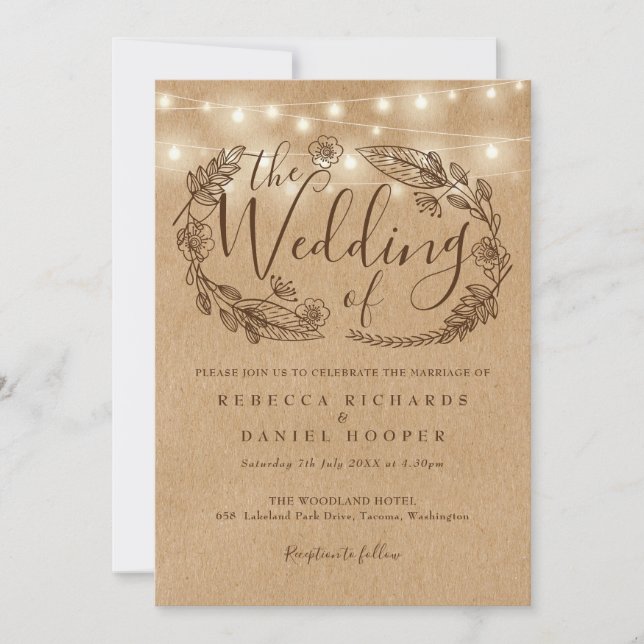 Rustic Kraft String Lights Floral Wedding Invitation (Front)