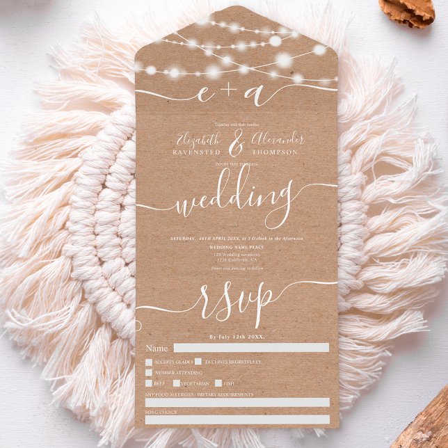 Rustic kraft string lights initials script wedding all in one invitation (Creator Uploaded)