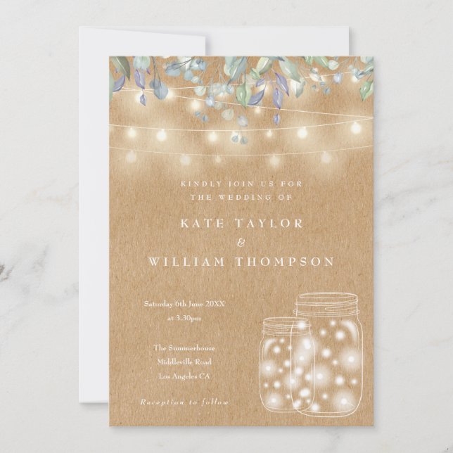 Rustic Kraft String Lights Mason Jar Wedding Invitation (Front)