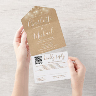 Rustic Kraft String Lights QR Code Wedding All In One Invitation