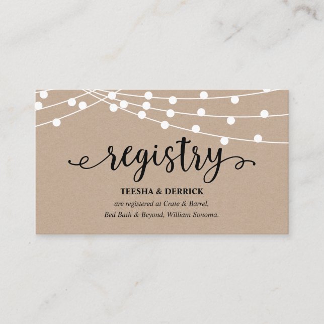 Rustic kraft string lights, Wedding Registry Enclosure Card (Front)