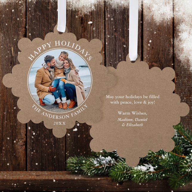 Rustic Kraft Style Happy Holidays Photo Tree Decoration Card (A greeting card that is also an ornament! Customize with your photo and personalized text.)