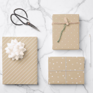 Rustic Kraft Tan Stripes Dots and Stars Patterned Wrapping Paper Sheet