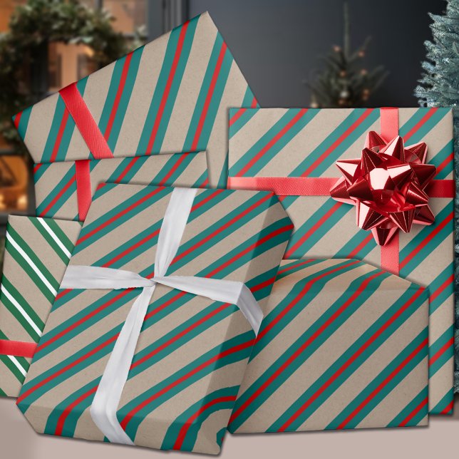 Rustic Kraft Teal Green Red Wide Stripe Holiday Wrapping Paper (Rustic Kraft Teal Green Red Wide Stripe Holiday Wrapping Paper in 30 inch tall 6 & 15 ft long rolls)