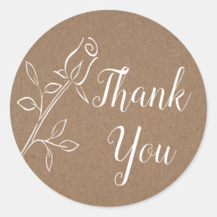 Rustic Kraft Thank You Rose, Country Wedding Party Classic Round Sticker