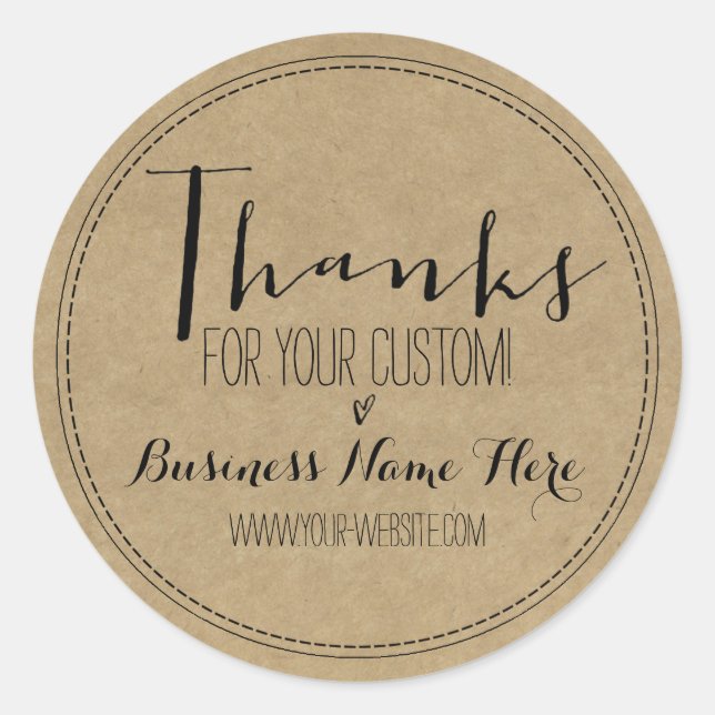 Rustic Kraft "Thanks For Your Custom!" Business Classic Round Sticker (Front)