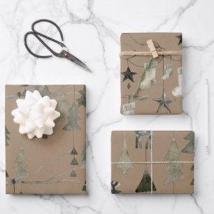 Rustic Kraft Tree Branch Christmas Ornaments Wrapping Paper Sheet