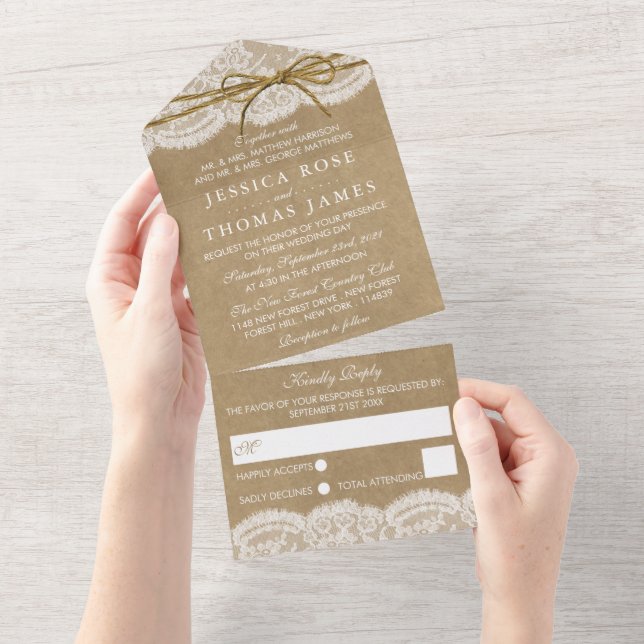 Rustic Kraft & Twine Bow Wedding All In One Invitation (Tearaway)