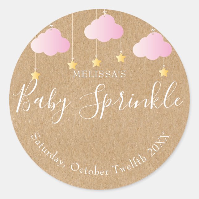 Rustic kraft twinkle sprinkle baby shower pink classic round sticker (Front)