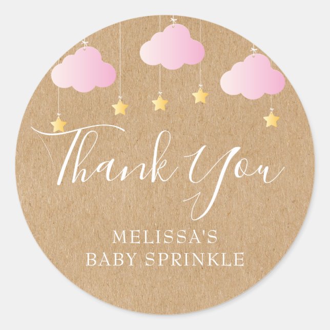 Rustic kraft twinkle sprinkle baby shower pink classic round sticker (Front)
