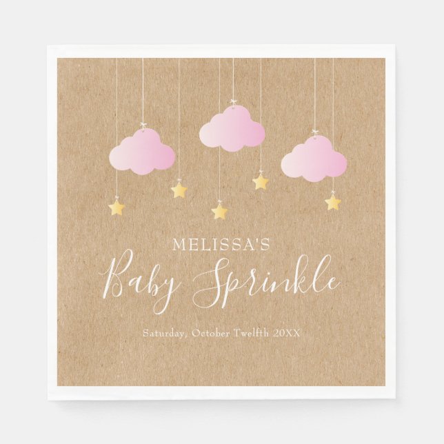 Rustic kraft twinkle sprinkle baby shower pink napkin (Front)