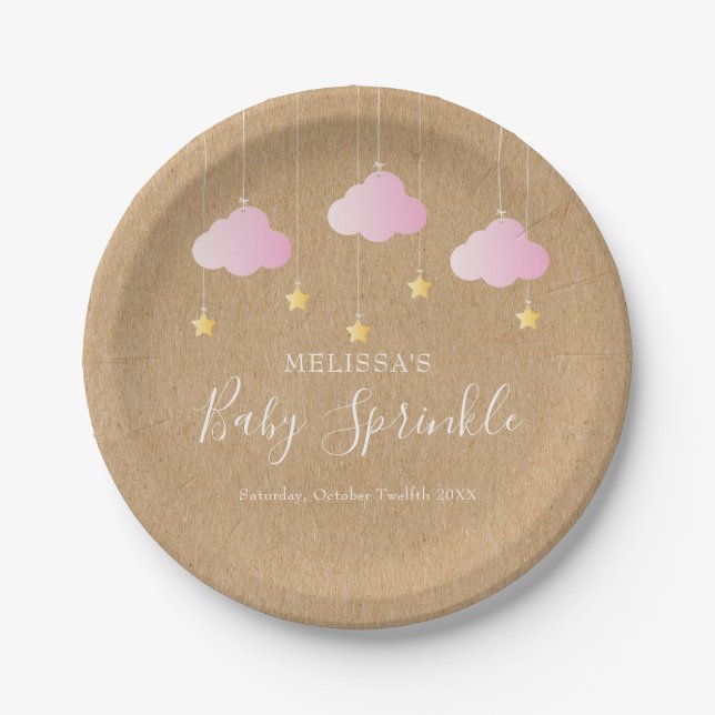 Rustic kraft twinkle sprinkle baby shower pink paper plate (Front)