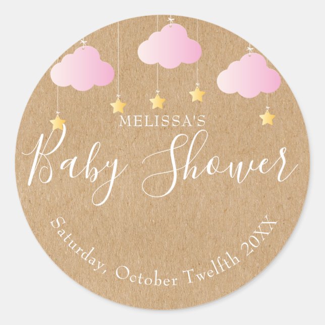 Rustic kraft twinkle twinkle baby shower pink classic round sticker (Front)