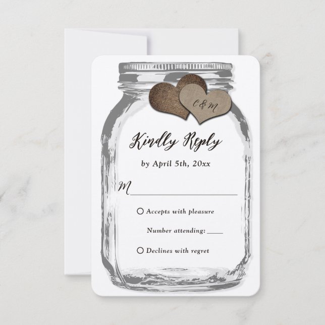 Rustic Kraft Two Hearts Mason Jar Wedding RSVP (Front)