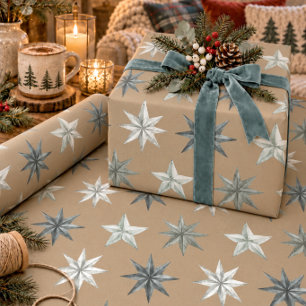 Rustic Kraft Vintage Silver Metallic Stars Wrapping Paper