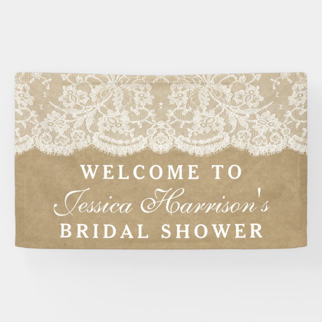 Rustic Kraft & Vintage White Lace Bridal Shower Banner (Horizontal)