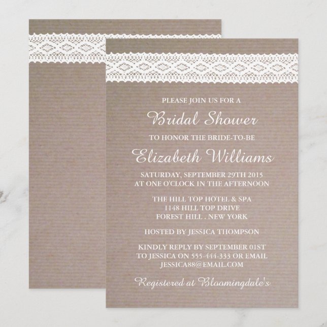 Rustic Kraft & Vintage White Lace Bridal Shower Invitation (Front/Back)