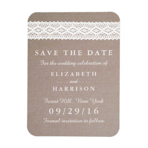 Rustic Kraft & Vintage White Lace Save The Date Magnet