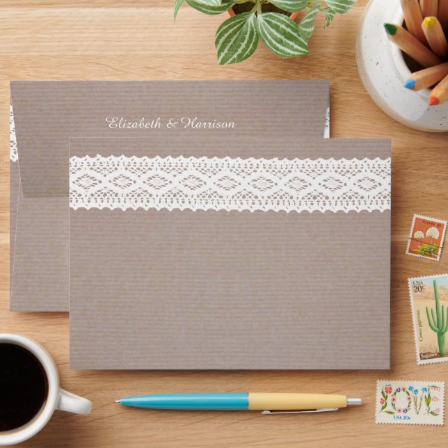 Rustic Kraft & Vintage White Lace Wedding Envelope (Desk)
