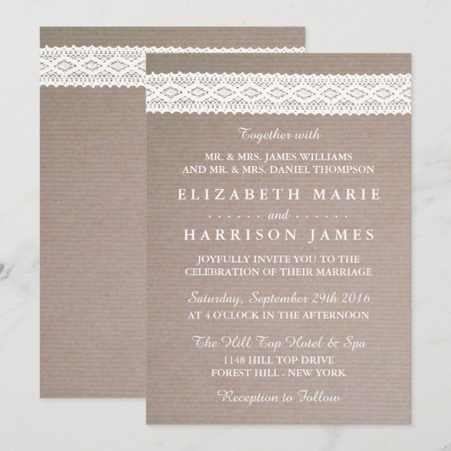 Rustic Kraft & Vintage White Lace Wedding Invitation (Front/Back)