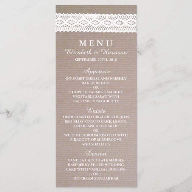 Rustic Kraft & Vintage White Lace Wedding Menu (Front)