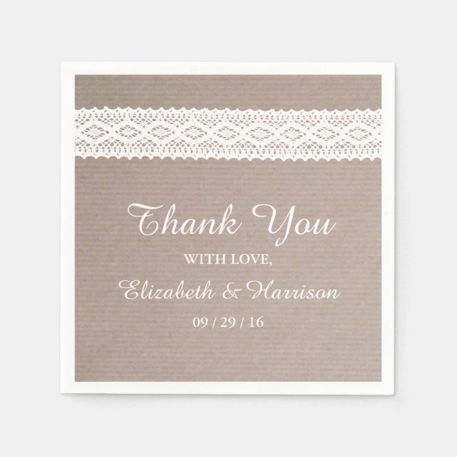 Rustic Kraft & Vintage White Lace Wedding Napkin (Front)